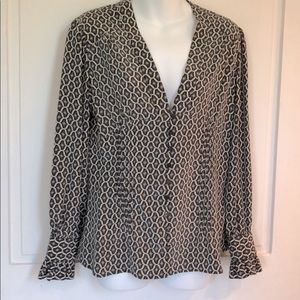 Etcetera Gray, Black & Cream Silk Crepe de Chine Foulard Print Blouse 8